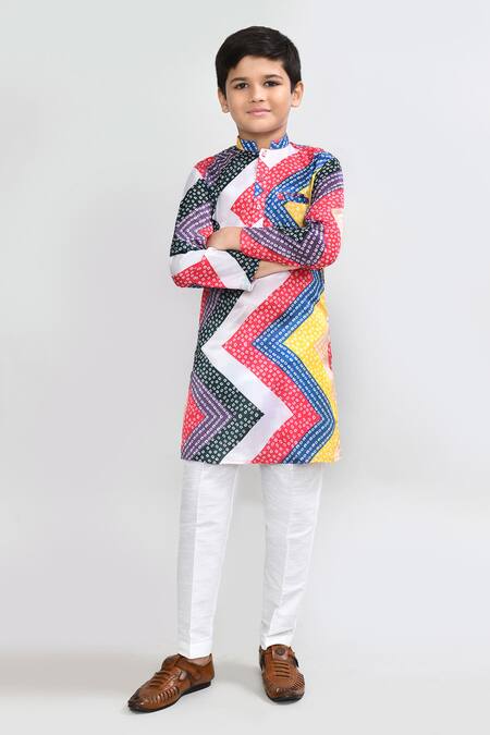 Shop_Petite Pomme_Red Satin, Silk Multicolour Printed Kurta And White Pant Set _Online_at_Aza_Fashions