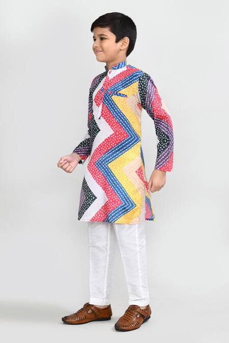 Petite Pomme_Red Satin, Silk Multicolour Printed Kurta And White Pant Set _at_Aza_Fashions