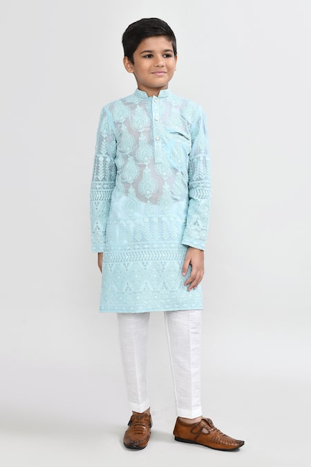 Petite Pomme Aqua Georgette, Silk Embroidery Green Kurta And Pant Set 