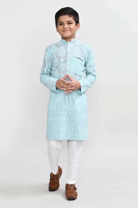 Buy_Petite Pomme_Aqua Georgette, Silk Embroidery Green Kurta And Pant Set _Online_at_Aza_Fashions