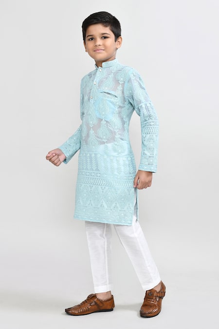 Shop_Petite Pomme_Aqua Georgette, Silk Embroidery Green Kurta And Pant Set _Online_at_Aza_Fashions