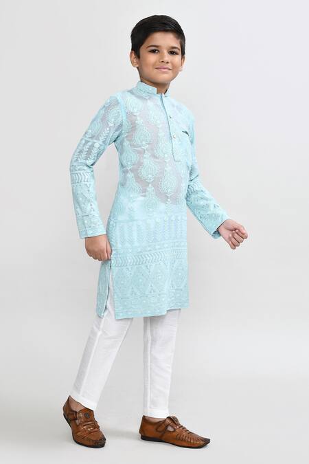 Petite Pomme_Aqua Georgette, Silk Embroidery Green Kurta And Pant Set _at_Aza_Fashions