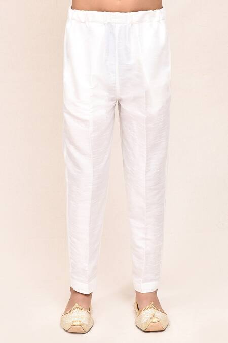 Petite Pomme_Gold Satin, Cotton, Silk Sequins Kurta And White Pant Set _Online_at_Aza_Fashions