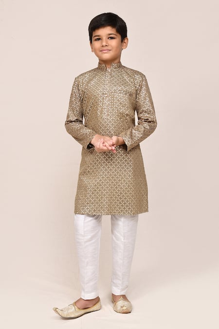 Buy_Petite Pomme_Gold Satin, Cotton, Silk Sequins Kurta And White Pant Set _Online_at_Aza_Fashions