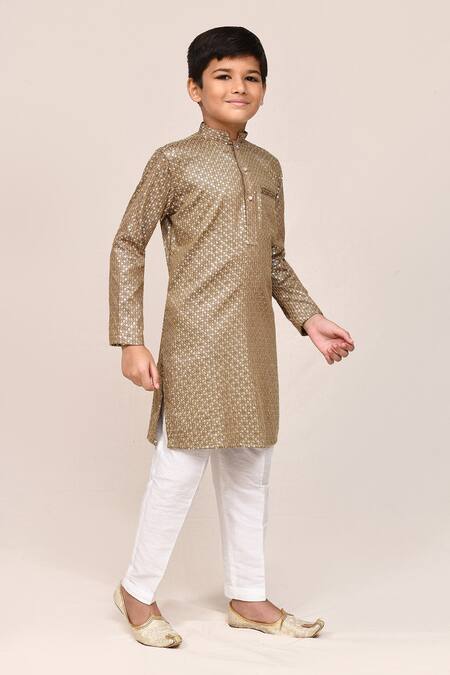 Shop_Petite Pomme_Gold Satin, Cotton, Silk Sequins Kurta And White Pant Set _Online_at_Aza_Fashions