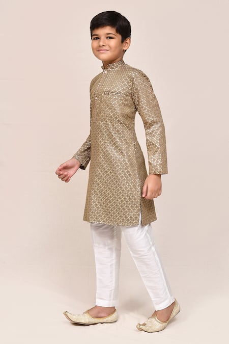 Petite Pomme_Gold Satin, Cotton, Silk Sequins Kurta And White Pant Set _at_Aza_Fashions