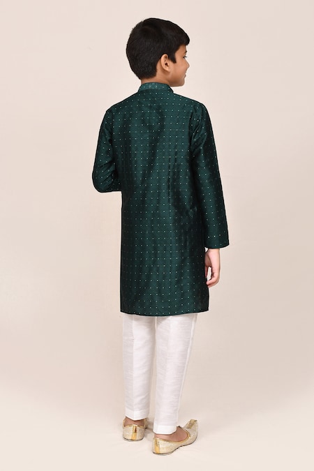 Petite Pomme Bottle Green Jacquard Silk Kurta & Pant Set 