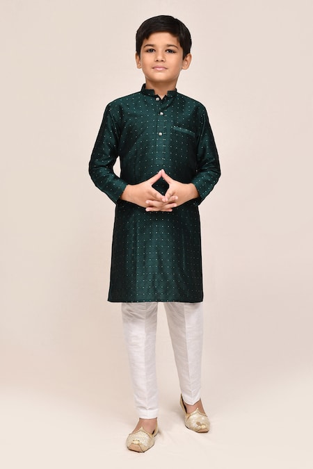 Buy_Petite Pomme_Green Jacquard, Silk Embroidery Bottle Kurta And Pant Set _Online_at_Aza_Fashions