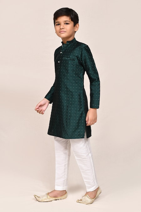 Shop_Petite Pomme_Green Jacquard, Silk Embroidery Bottle Kurta And Pant Set _Online_at_Aza_Fashions