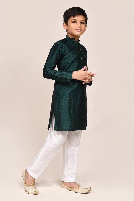 Petite Pomme_Green Jacquard, Silk Embroidery Bottle Kurta And Pant Set _at_Aza_Fashions