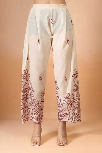 Samyukta Singhania_Off White Cotton Embroidery Round Neck Kurta Set With Dupatta _at_Aza_Fashions