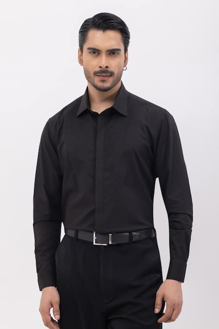Kaka Calcutta Pintuck Hand Embroidered Black Shirt 