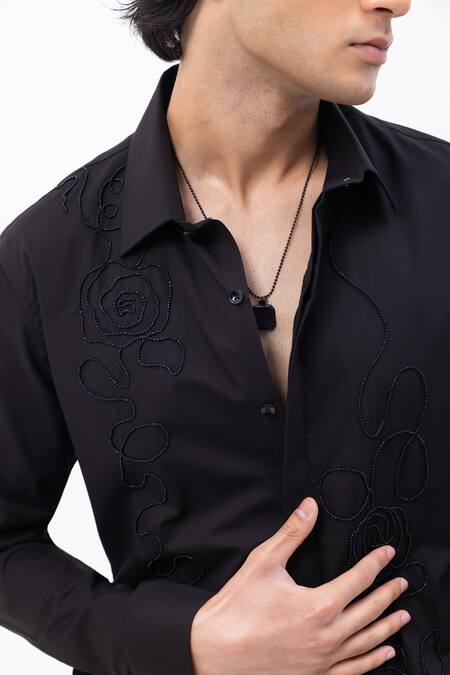 Kaka Calcutta_Black Cotton Embroidery Hand Shirt _Online_at_Aza_Fashions