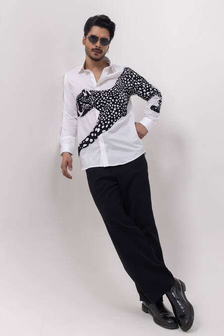Kaka Calcutta White Cotton Embroidery Hand Cheetah Design Shirt Online at Aza Fashions Kaka Calcutta_White Cotton Embroidery Hand Cheetah Design Shirt _Online_at_Aza_Fashions