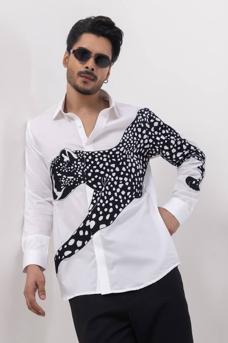 Buy Kaka Calcutta White Cotton Embroidery Hand Cheetah Design Shirt Online at Aza Fashions Buy_Kaka Calcutta_White Cotton Embroidery Hand Cheetah Design Shirt _Online_at_Aza_Fashions