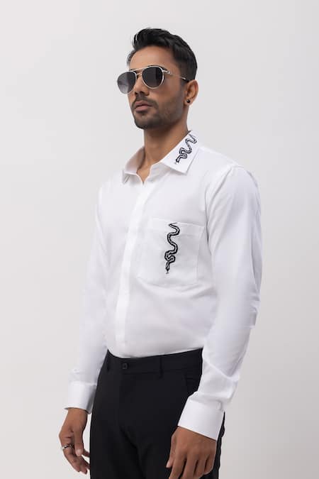 Kaka Calcutta_White Cotton Embroidery Hand Shirt _at_Aza_Fashions
