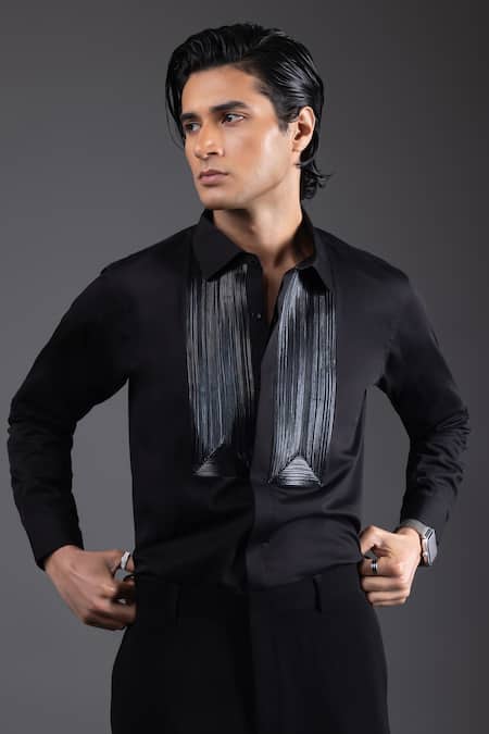 Kaka Calcutta Black Cotton Embroidery Hand Shirt Online at Aza Fashions Kaka Calcutta_Black Cotton Embroidery Hand Shirt _Online_at_Aza_Fashions