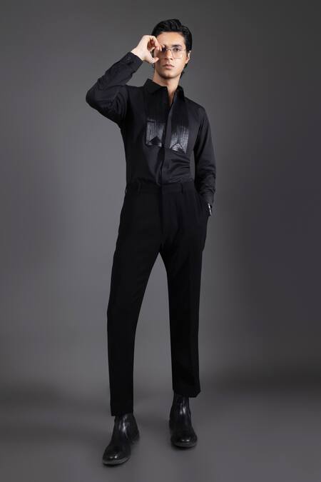 Shop Kaka Calcutta Black Cotton Embroidery Hand Shirt Online at Aza Fashions Shop_Kaka Calcutta_Black Cotton Embroidery Hand Shirt _Online_at_Aza_Fashions