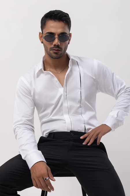 Shop_Kaka Calcutta_White Cotton Embroidery Hand Shirt _Online_at_Aza_Fashions