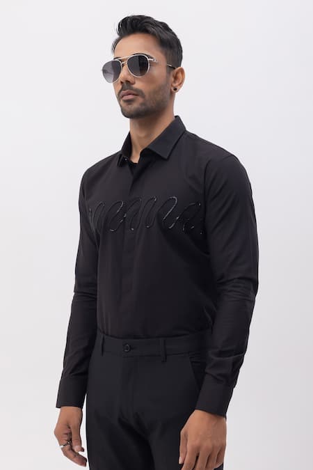 Kaka Calcutta_Black Cotton Embroidery Hand Shirt _Online_at_Aza_Fashions