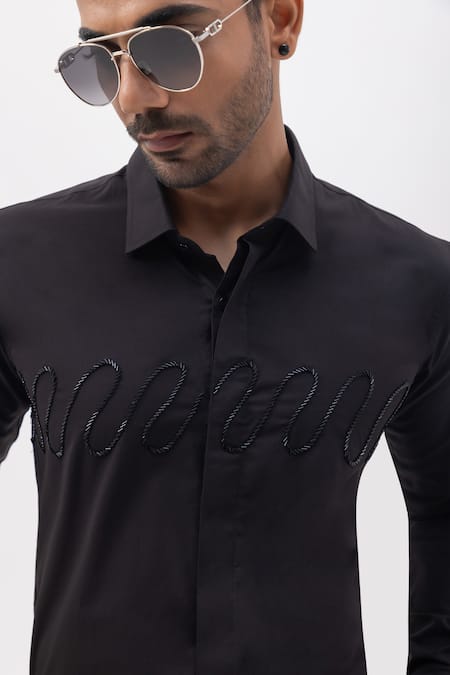 Buy_Kaka Calcutta_Black Cotton Embroidery Hand Shirt _Online_at_Aza_Fashions