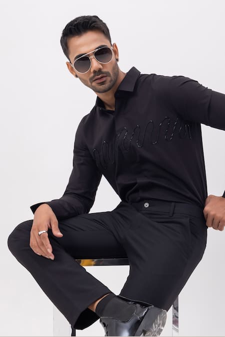 Shop_Kaka Calcutta_Black Cotton Embroidery Hand Shirt _Online_at_Aza_Fashions