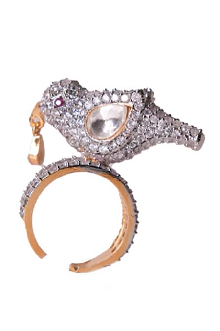Vasundhara_Gold Plated Rhinestones, Pearls Sharanya Bird Design Ring _Online_at_Aza_Fashions