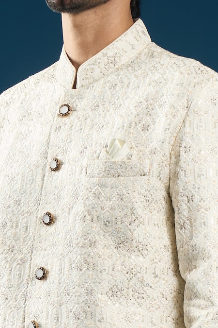 Arihant Rai Sinha_Cream Silk Embroidery Sherwani Set _at_Aza_Fashions