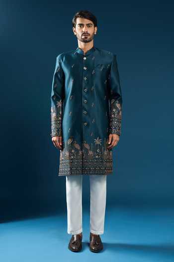 Buy_Arihant Rai Sinha_Blue Silk Embroidery Sherwani And Pant Set _Online_at_Aza_Fashions