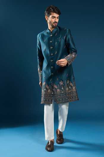 Shop_Arihant Rai Sinha_Blue Silk Embroidery Sherwani And Pant Set _Online_at_Aza_Fashions
