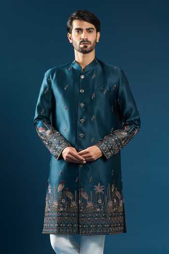 Arihant Rai Sinha_Blue Silk Embroidery Sherwani And Pant Set _at_Aza_Fashions