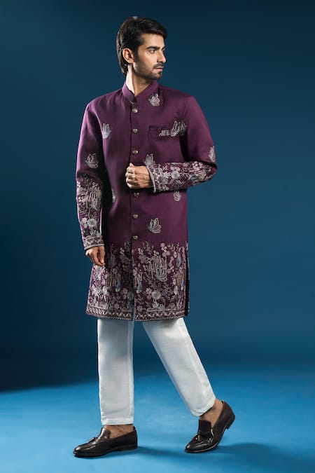 Buy_Arihant Rai Sinha_Wine Silk Embroidery Sherwani Set _Online_at_Aza_Fashions