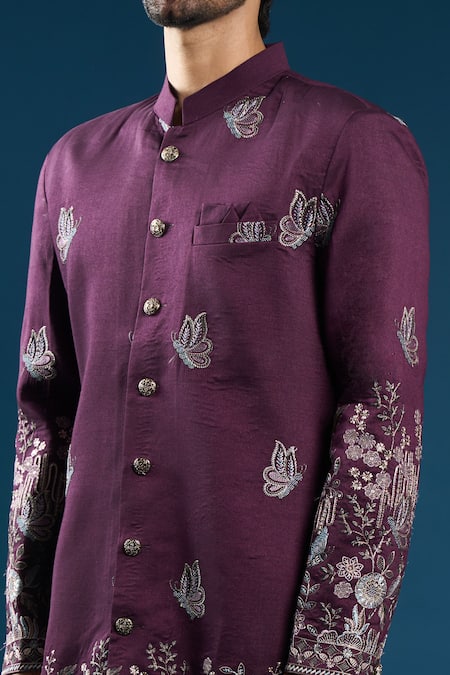 Arihant Rai Sinha_Wine Silk Embroidery Sherwani Set _at_Aza_Fashions