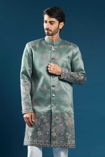 Buy_Arihant Rai Sinha_Green Silk Embroidery Metallic Sherwani Set _Online_at_Aza_Fashions