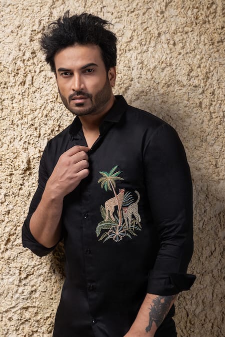 Priyanka Haralalka_Black Embroidery Hand Designer Shirt _Online_at_Aza_Fashions