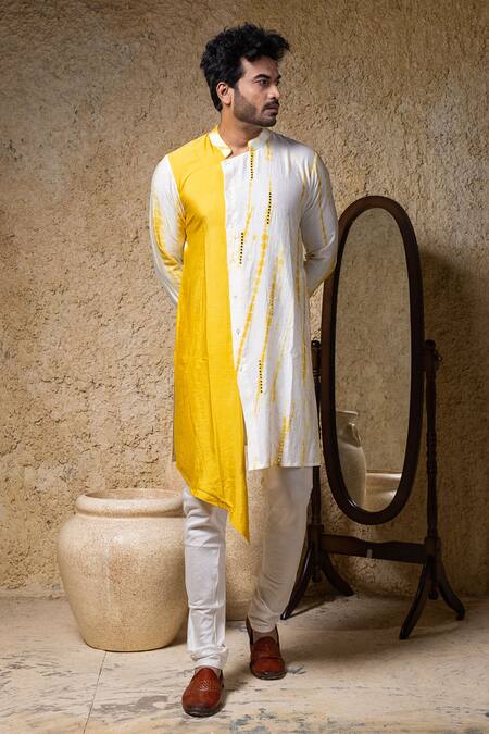 Priyanka Haralalka_Yellow Cotton, Silk Mirrors Work Kurta And Pant Set _at_Aza_Fashions