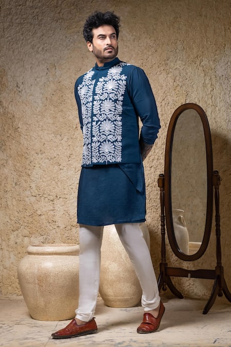 Buy_Priyanka Haralalka_Navy Cotton, Silk Embroidery Blue Nehru Jacket Set _Online_at_Aza_Fashions