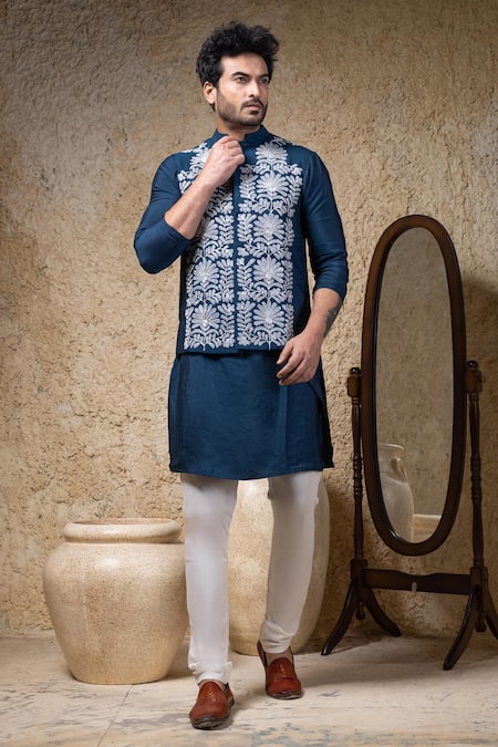 Priyanka Haralalka_Navy Cotton, Silk Embroidery Blue Nehru Jacket Set _at_Aza_Fashions