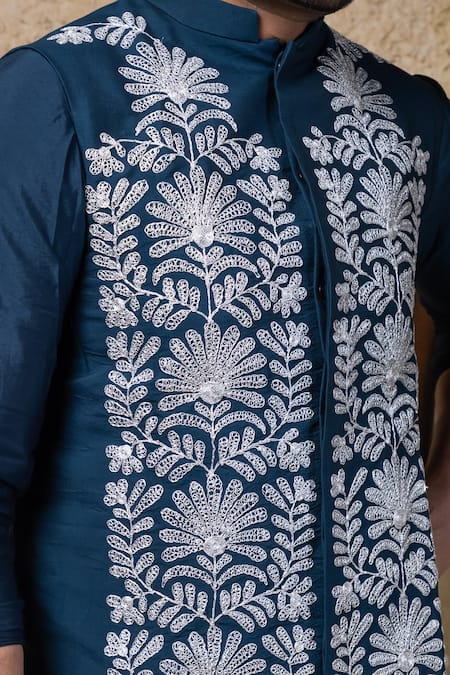 Shop_Priyanka Haralalka_Navy Cotton, Silk Embroidery Blue Nehru Jacket Set 