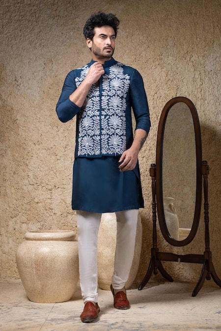 Shop_Priyanka Haralalka_Navy Cotton, Silk Embroidery Blue Machine Nehru Jacket _Online_at_Aza_Fashions