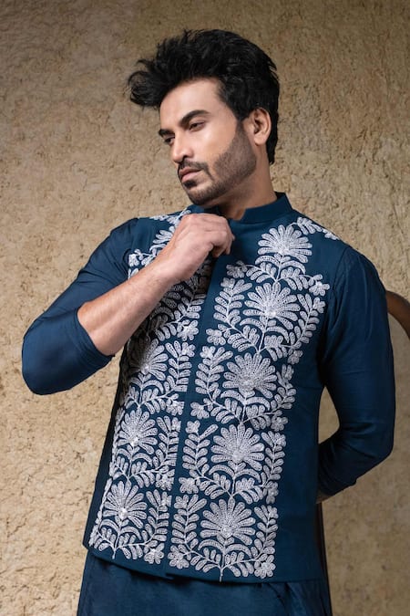 Priyanka Haralalka_Navy Cotton, Silk Embroidery Blue Machine Nehru Jacket _at_Aza_Fashions