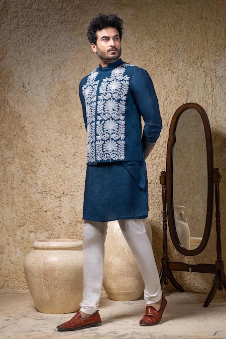 Buy_Priyanka Haralalka_Navy Cotton, Silk Embroidery Blue Machine Nehru Jacket 