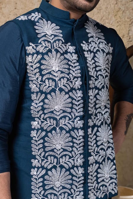 Shop_Priyanka Haralalka_Navy Cotton, Silk Embroidery Blue Machine Nehru Jacket 