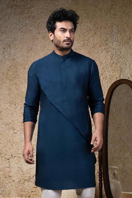 Buy_Priyanka Haralalka_Navy Cotton, Silk Blue Kurta Pant Set _Online_at_Aza_Fashions
