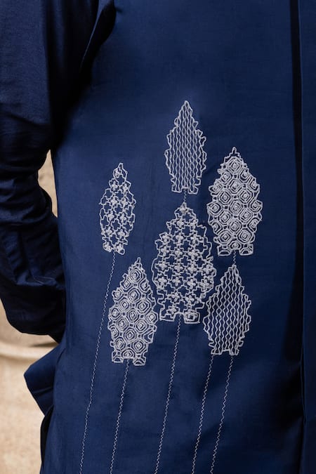 Buy_Priyanka Haralalka_Navy Cotton, Silk Embroidery Blue Designer Nehru Jacket Set _Online_at_Aza_Fashions