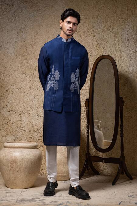 Shop_Priyanka Haralalka_Navy Cotton, Silk Embroidery Blue Designer Nehru Jacket Set _Online_at_Aza_Fashions