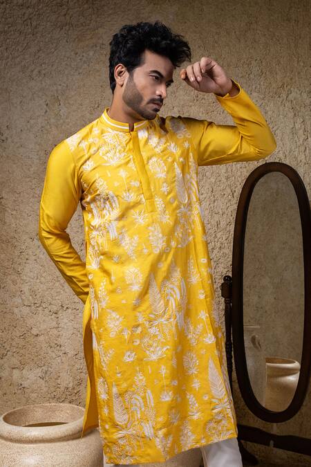Buy_Priyanka Haralalka_Yellow Cotton, Silk Embroidery Cord Kurta Set _Online_at_Aza_Fashions