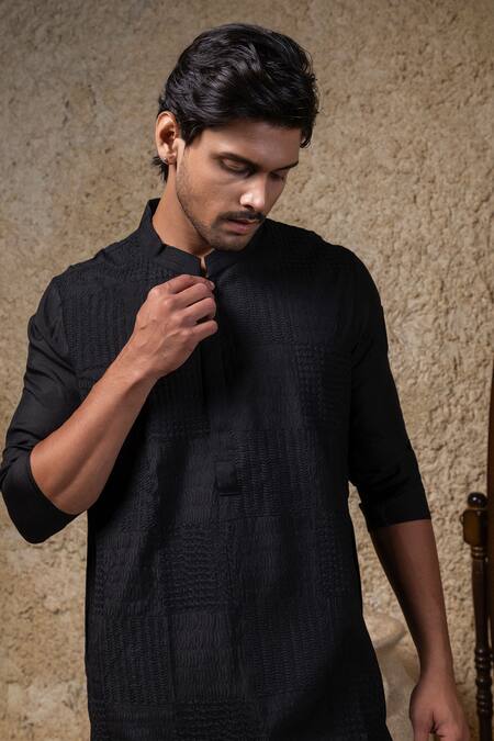 Priyanka Haralalka_Black Cotton, Silk Embroidery Cord Kurta And Pant Set _Online_at_Aza_Fashions