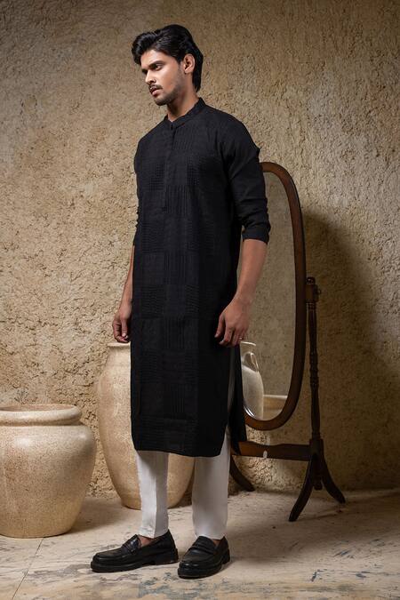 Buy_Priyanka Haralalka_Black Cotton, Silk Embroidery Cord Kurta And Pant Set 