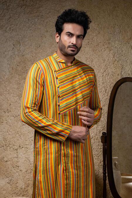 Shop_Priyanka Haralalka_Mustard Linen, Silk Designer Multicolour Kurta Set _Online_at_Aza_Fashions